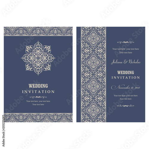 Wedding invitation cards  baroque style blue and beige. Vintage  Pattern. Retro Victorian ornament. Frame with flowers elements. Vector illustration.