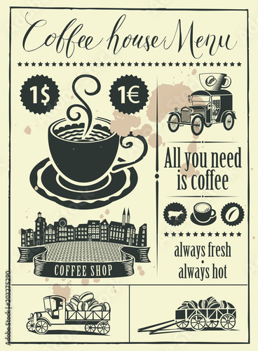 Vector set of design elements for a coffee house with handwritten inscriptions, a cup of coffee and vintage cars in the form of old newspaper in retro style