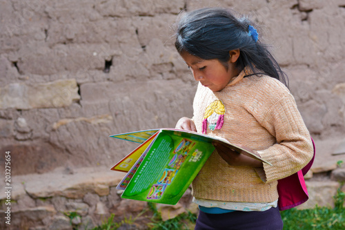 Native american little girl reading book in the countryside. photo