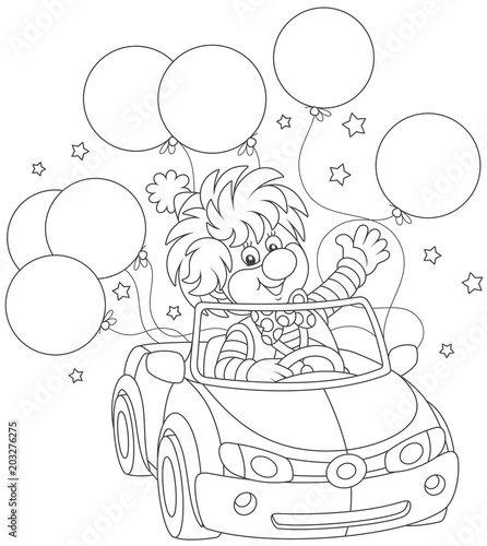 Funny circus clown driving his car with holiday balloons, black and white vector illustration in a cartoon style for a coloring book