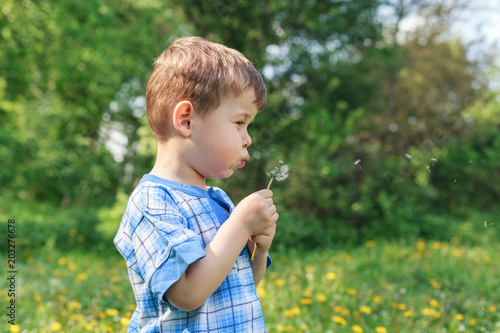 Happy child blowing dandelion outdoors in par. Summer outdoor