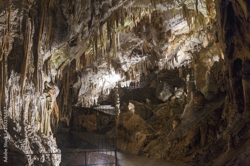 Postojna cave, Slovenia, with stalactites and stalagmites.