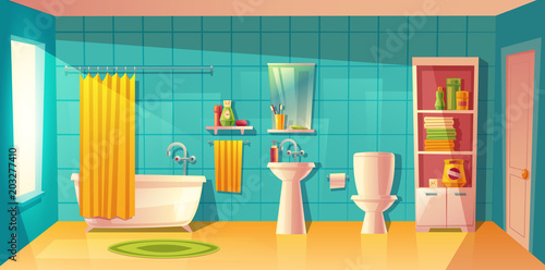 Vector bathroom interior with window. Room with furniture, bathtub and accessories. Shelves with washing gel, shampoo. Household background in cartoon style. Architecture decoration