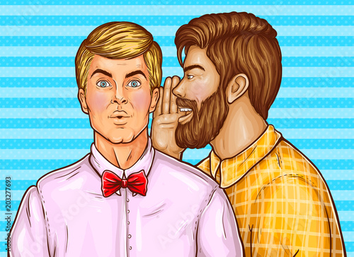 Vector pop art brown haired man with beard whispers about sales or secrets to the ear of surprised blonde guy in pink shirt. Shocked comic man isolated on blue striped background