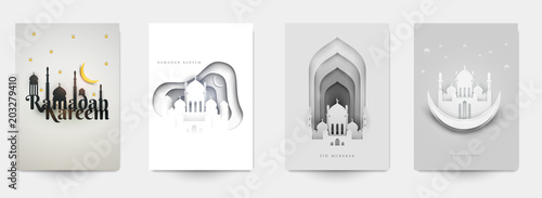 Ramadan kareem islamic beautiful design template. Minimal composition in paper cut style. Set holiday background for branding greeting card, banner, cover, flyer or poster. Vector illustration.