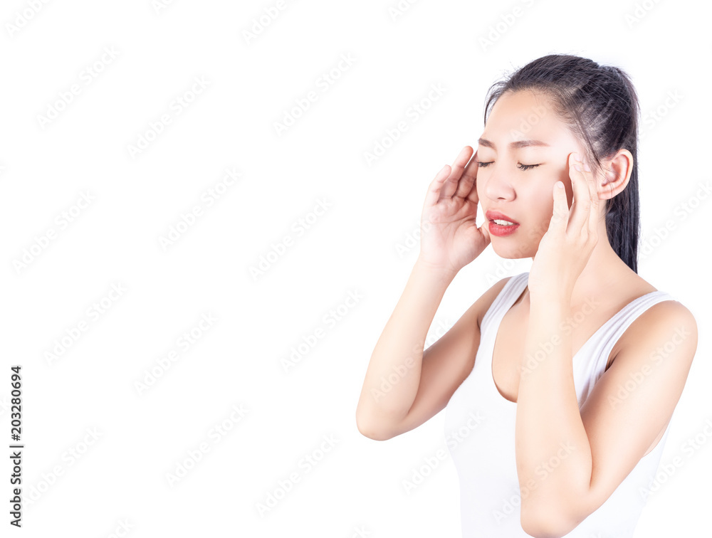 Asia woman with headache on white background. Asia woman with headache on white background.