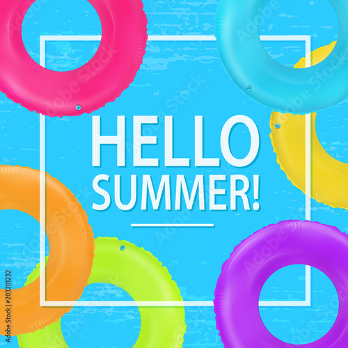 Swim rings frame. Summertime poster. Inflatable rubber toy. Colorful vector vacation background. Top view swim rings for ocean, sea, pool.