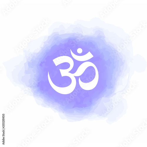 Om symbol violet. Buddhism, yoga sign. Smoke, watercolor