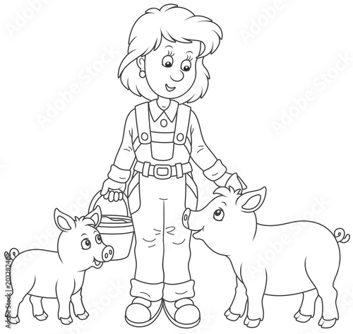 Friendly smiling farm workwoman feeding funny piglets, black and white vector illustration in a cartoon style for a coloring book