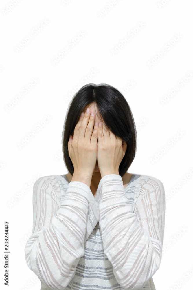 Asia teenager woman covering her face with hands isolated on white background. Copy space for text. Asia teenager woman covering her face with hands isolated on white background. Copy space for text.