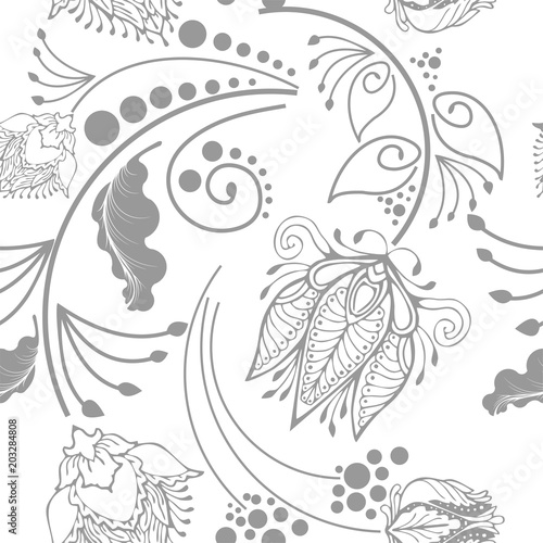 Oriental Chinese botanical flower graphic design for motif vector in Porcelain style seamless pattern with silver gray and white background