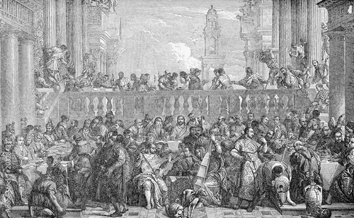 Vintage engraving reproduction of famous painting of Caana Marriage by Paolo Veronese, Renaissance Italian painter