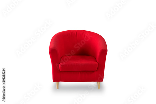 Red sofa on white background in bedroom.