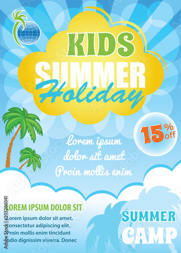 Kids summer holiday flyer, blue background, vector template
