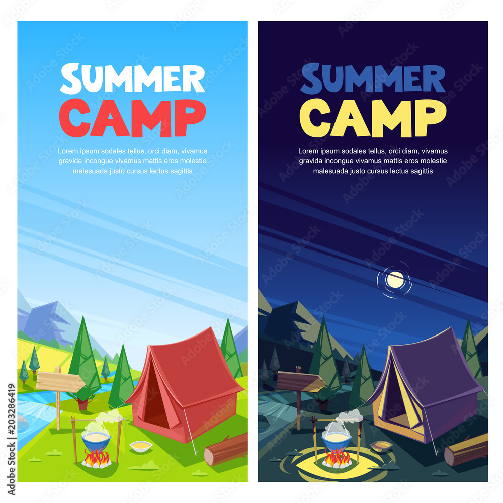 Vettoriale Stock Summer camping vector banner, poster design template.  Adventures, travel and eco tourism concept. Touristic camp tent | Adobe  Stock