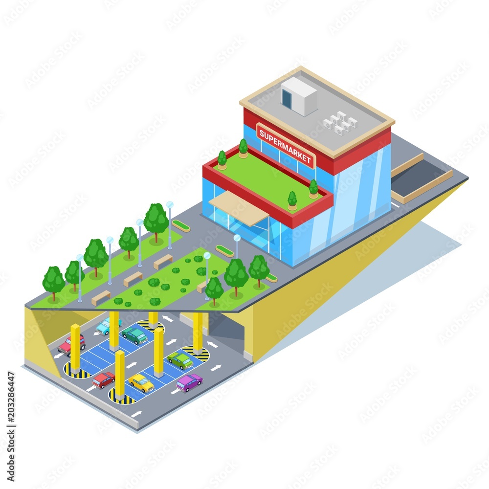 Underground car parking in shopping mall. Vector isometric 3D illustration. Urban building and city transport traffic