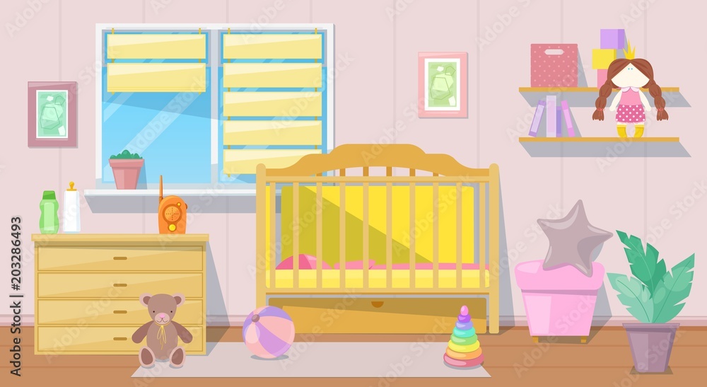 Baby girl pink room interior, vector cartoon illustration. Nursery bedroom furniture and design elements for newborn Baby girl pink room interior, vector cartoon illustration. Nursery bedroom furniture and design elements for newborn