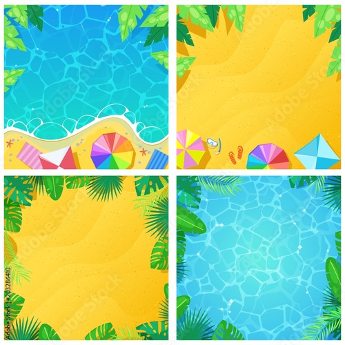 Set of tropical beach vector background and frame. Summer holiday and vacation cartoon card or banner template