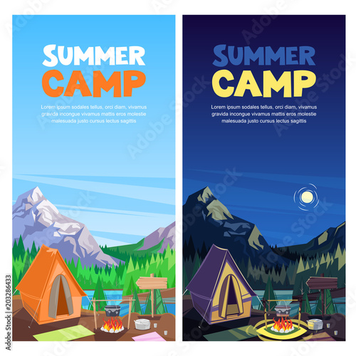 Summer camping in mountains valley, vector banner, poster design template. Adventures, travel and eco tourism concept.