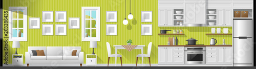 House interior section panorama background including living room , dining room and kitchen , vector , illustration