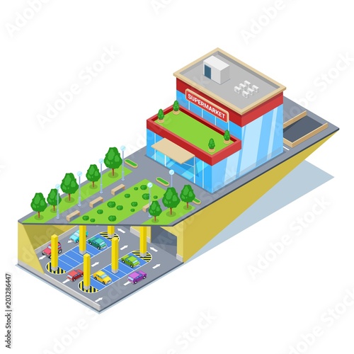 Underground car parking in shopping mall. Vector isometric 3D illustration. Urban building and city transport traffic