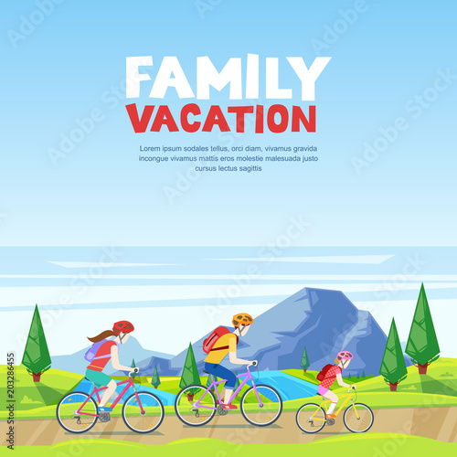 Family vacation, cycling and outdoors activity. Mom, dad and daughter riding bicycles. Vector cartoon style illustration © Qualit Design