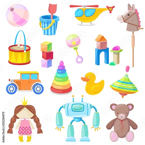 Kids toys vector icons set. Color toy for baby boy and girl, cartoon illustration