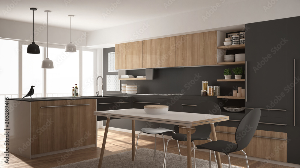 Modern minimalistic wooden kitchen with dining table, carpet and panoramic window, white and gray architecture interior design Modern minimalistic wooden kitchen with dining table, carpet and panoramic window, white and gray architecture interior design