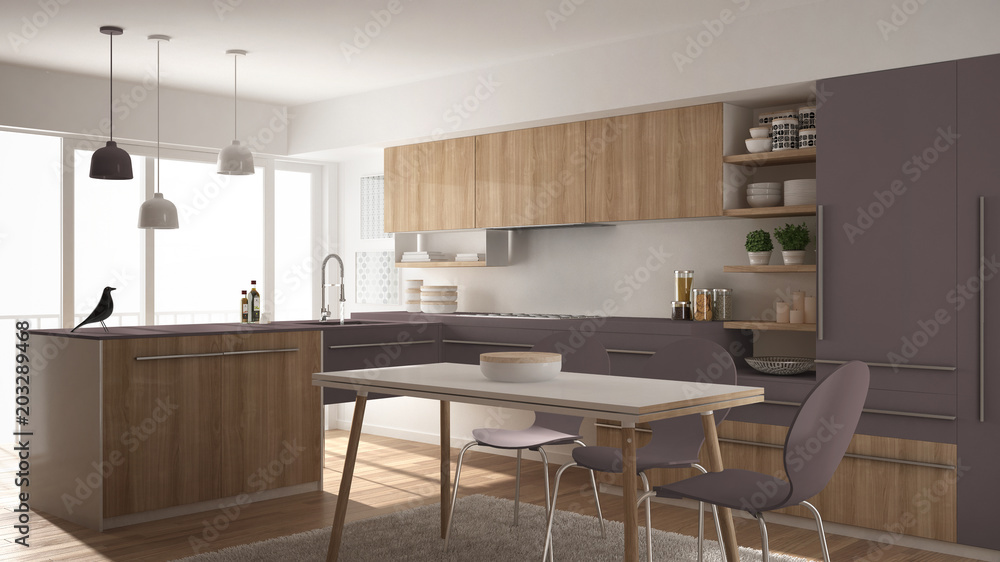 Modern minimalistic wooden kitchen with dining table, carpet and panoramic window, white and violet architecture interior designv Modern minimalistic wooden kitchen with dining table, carpet and panoramic window, white and violet architecture interior designv