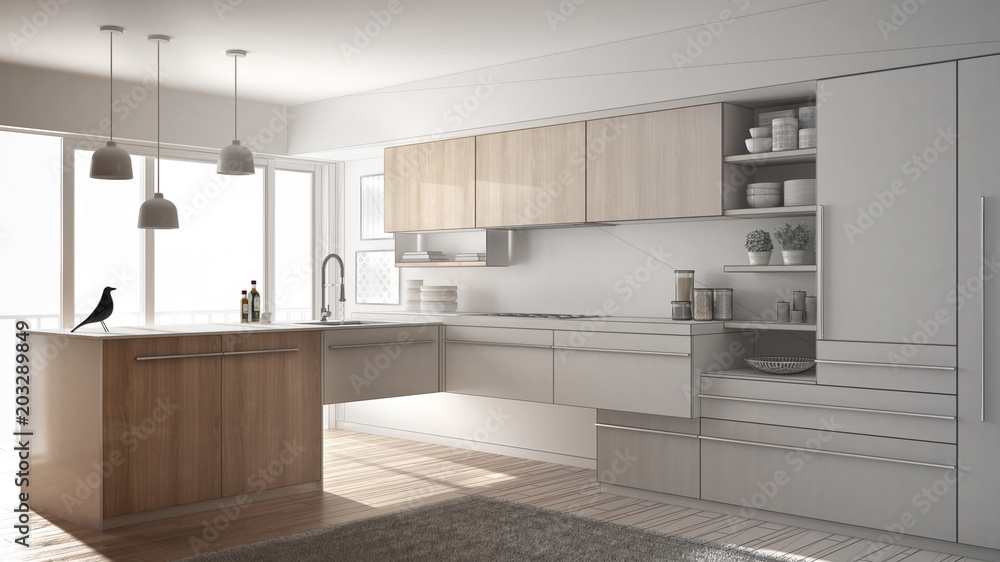 Unfinished project of modern minimalistic kitchen with parquet floor, carpet and panoramic window, architecture interior design Unfinished project of modern minimalistic kitchen with parquet floor, carpet and panoramic window, architecture interior design