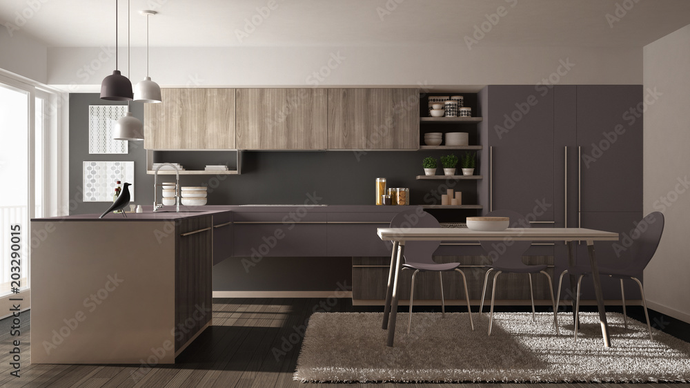 Modern minimalistic wooden kitchen with dining table, carpet and panoramic window, gray and violet architecture interior design Modern minimalistic wooden kitchen with dining table, carpet and panoramic window, gray and violet architecture interior design