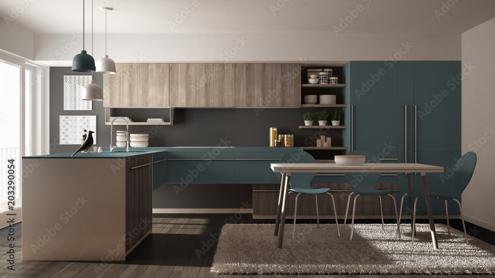 Modern minimalistic wooden kitchen with dining table, carpet and panoramic window, gray and blue interior design
