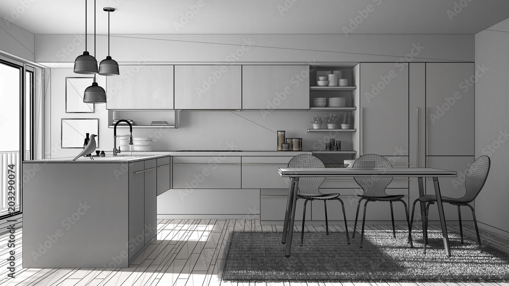 Unfinished project of modern minimalistic kitchen with dining table, carpet and panoramic window, architecture interior design