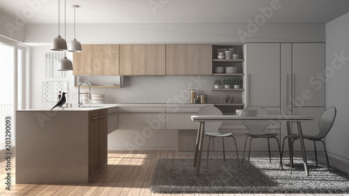 Fototapeta Naklejka Na Ścianę i Meble -  Unfinished project of modern minimalistic kitchen with dining table, carpet and panoramic window, architecture interior design
