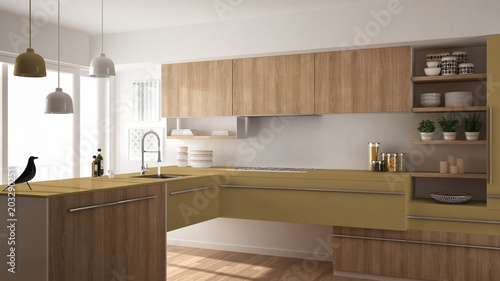 Modern minimalistic wooden kitchen with parquet floor  carpet and panoramic window  white and yellow architecture interior design