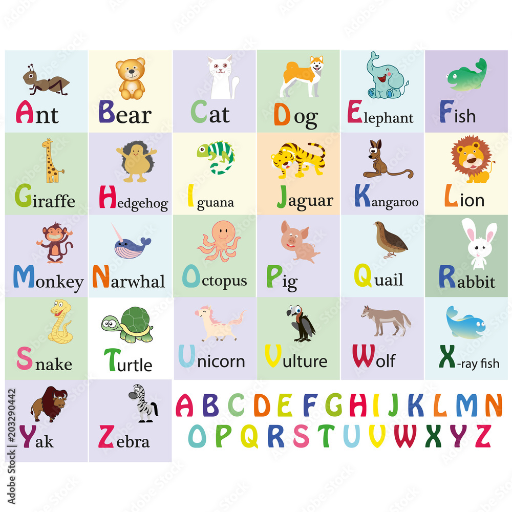 Zoo alphabet. Animal alphabet. Letters from A to Z. Cartoon cute animals  isolated on white background. Different animals. Alligator, bear, cat, dog,  elephant, flamingo, giraffe, horse and others Stock Vector | Adobe