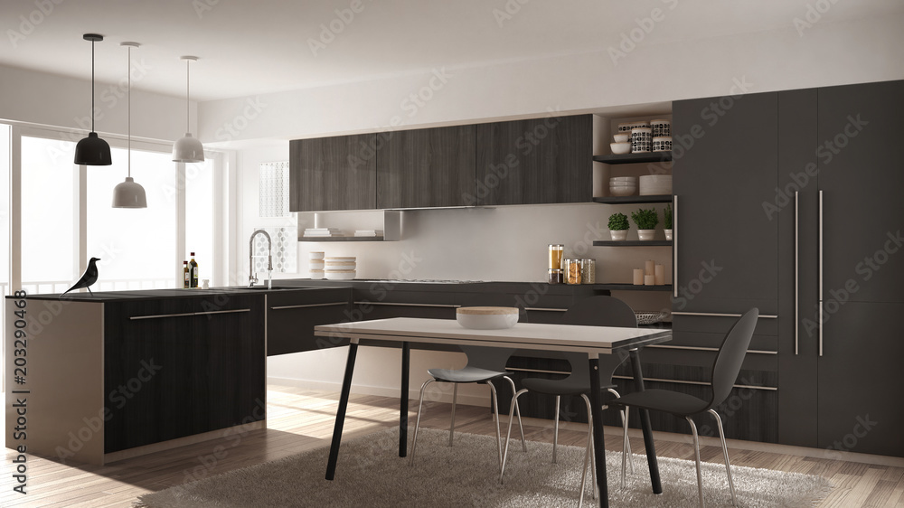 Obraz premium Modern minimalistic wooden kitchen with dining table, carpet and panoramic window, white and gray architecture interior design