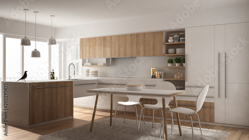 Fototapeta Naklejka Na Ścianę i Meble -  Modern minimalistic wooden kitchen with dining table, carpet and panoramic window, white architecture interior design