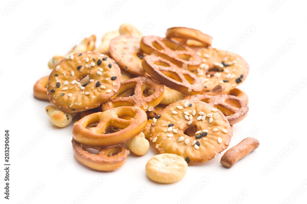 Mixed salty snack crackers and pretzels. Mixed salty snack crackers and pretzels.