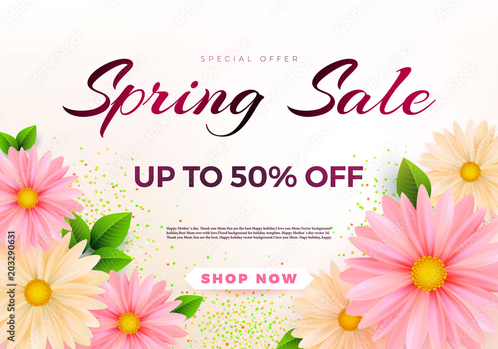 Spring sale s banner template with paper flower on colorful backgruond illustration.