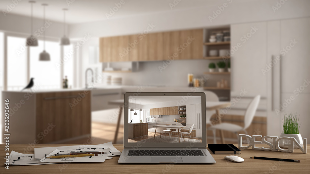 Fototapeta premium Architect designer desktop concept, laptop on wooden work desk with screen showing interior design project, blurred draft in the background, modern kitchen idea template