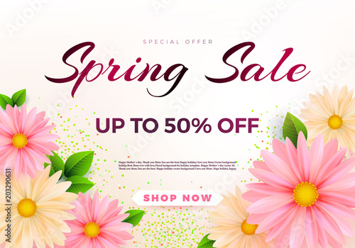 Spring sale s banner template with paper flower on colorful backgruond illustration.