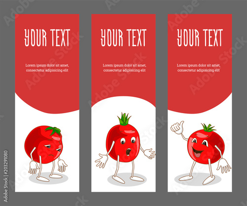 Set of corporate style elements with vegetable for branding. Template vertical  bright narrow banners for restaurant, cafe or farmer. Ripe emotional sad, surprised and joyful tomato. Vector 