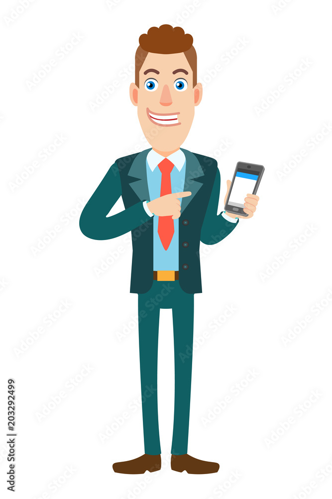 Businessman pointing at mobile phone in his hand Businessman pointing at mobile phone in his hand