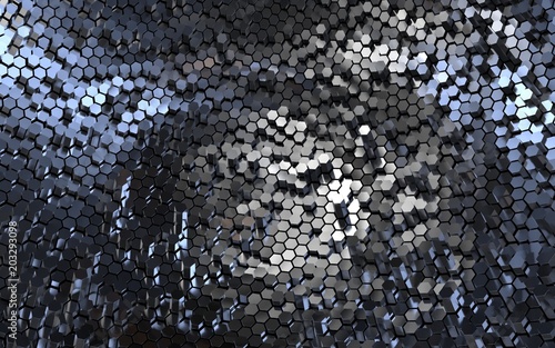 Dome chrome polished hexagons. 3d rendering geometric polygons, as tile wall. 3D illustration render