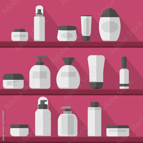 Cosmetic on shelves. Set vector blank templates of empty and clean white plastic containers  bottles with spray  dispenser and dropper  cream jar  tube. Cosmetic vector illustration