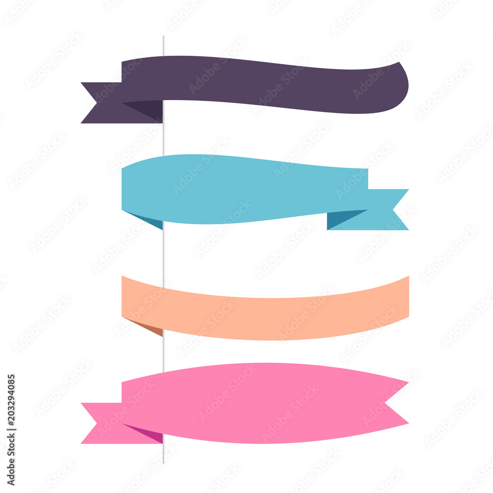 Flat vector four horizontal ribbons arrows and pointers banners. Set of decorative colored horizontal labels isolated on white. Vector ribbon set for page decor. Flat vector four horizontal ribbons arrows and pointers banners. Set of decorative colored horizontal labels isolated on white. Vector ribbon set for page decor.