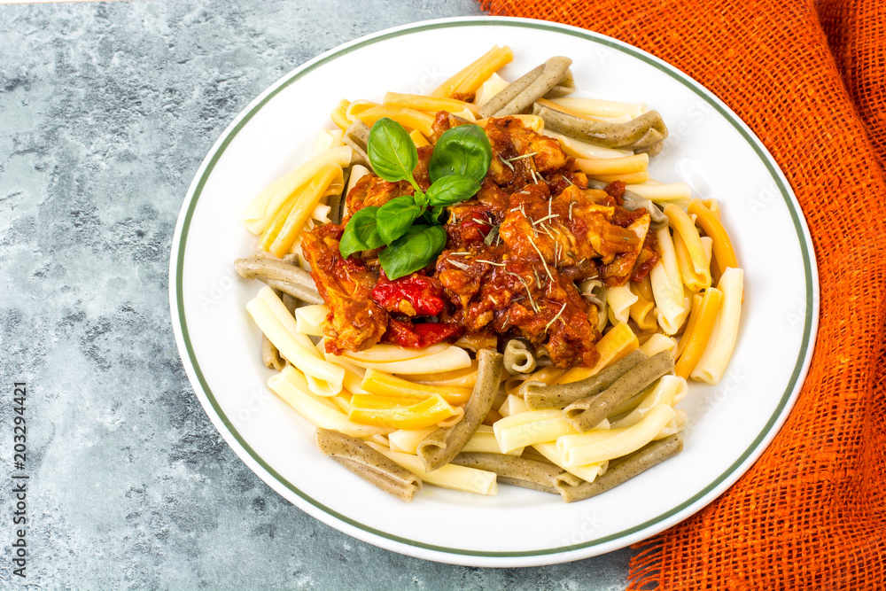 Pasta with chicken fillet, tomatoes, sweet pepper Pasta with chicken fillet, tomatoes, sweet pepper