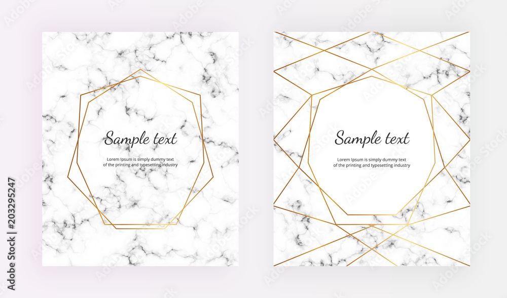 Geometric gold line frame on the marble texture. Minimalist placard, gold frame. Template for design invitation, save the Date, card, banner, wedding, placard, poster, party, flyer 