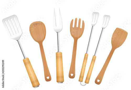 Bbq tools and salad servers. Charming vintage barbecue utensils. Tongs, skewer, fork, spoon and spatulas - isolated vector illustration on white background.